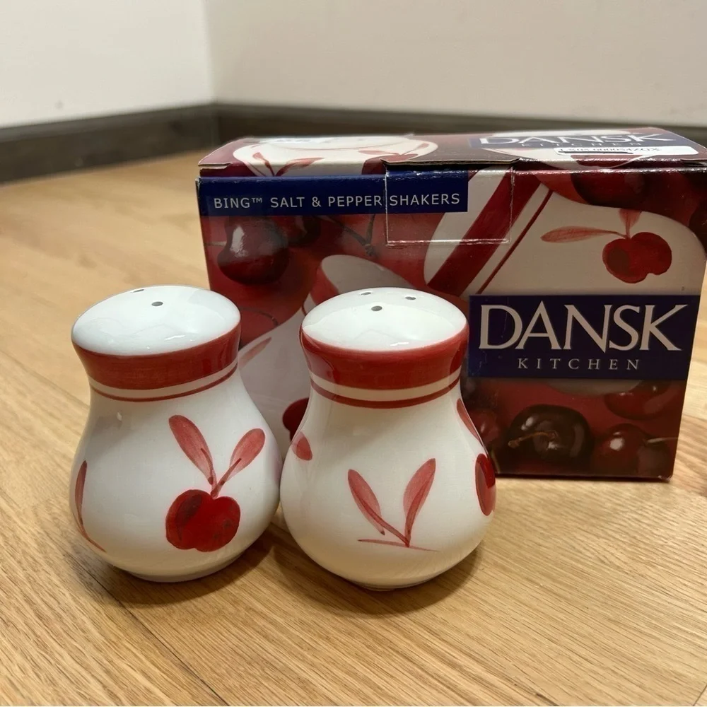 Dansk Bing Salt & Pepper Shakers Pepper Cherries Red White Ceramic W/ Box